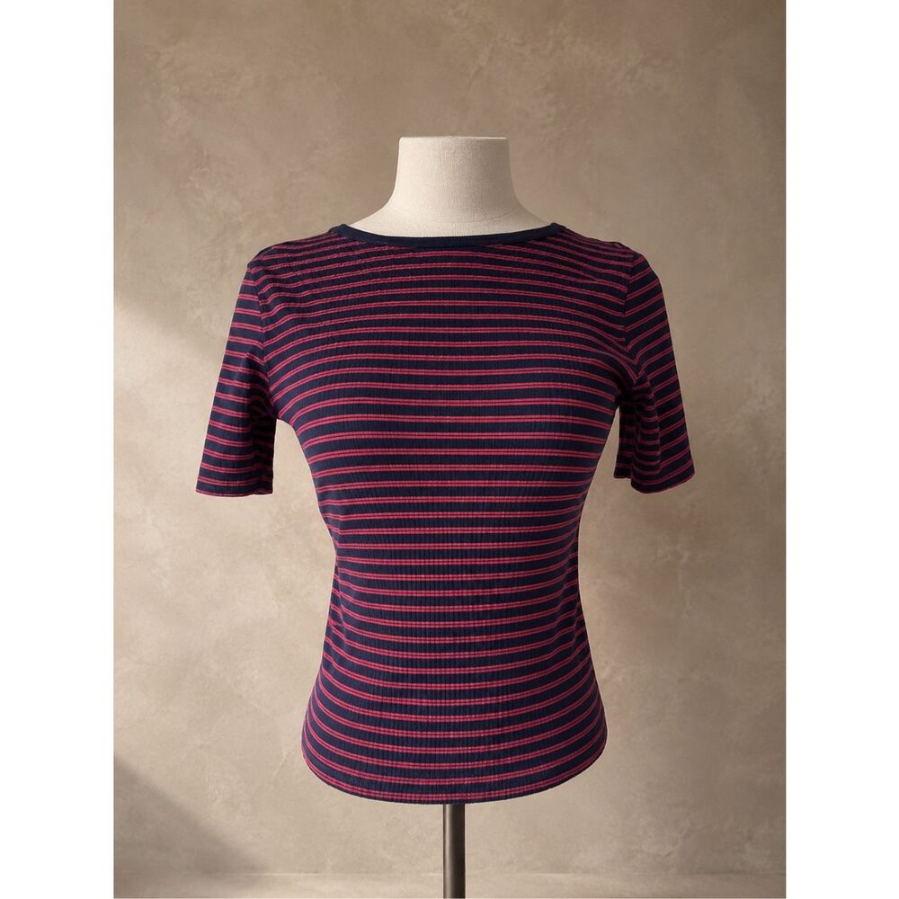 Uniqlo Sz Small Ribbed Boat Neck T-Shirt Navy Red Stripe Fitted Cotton Blend